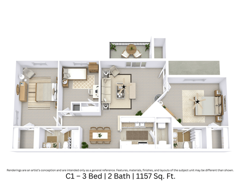 Floor plan for 3 beds, 2 baths, 1157 sqft